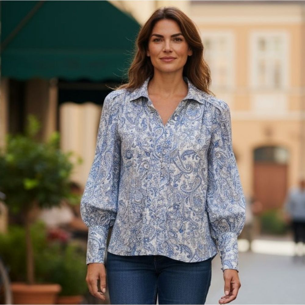 Ann Taylor Blue and White Paisley Blouse